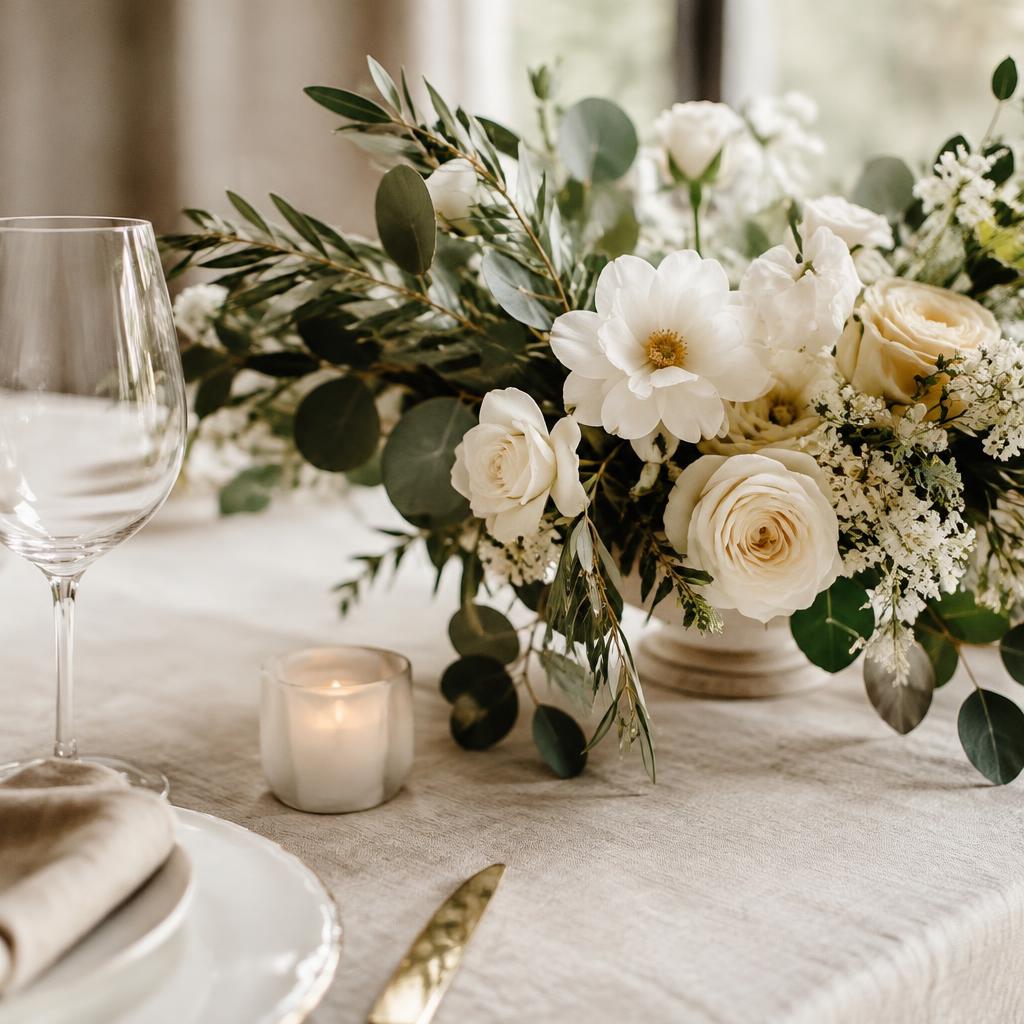 Centro de mesa con flores blancas y eucalipto